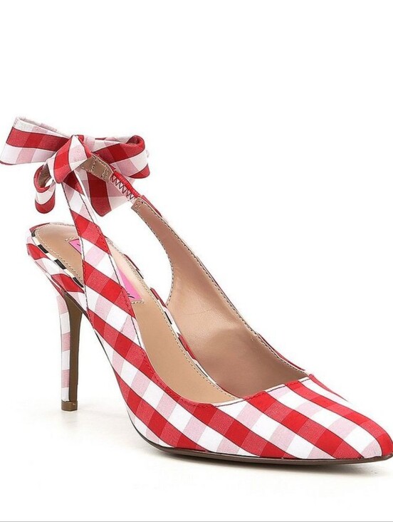 Betsey Johnson Shoes - Betsey Johnson Ginjet Red and White Gingham Slingback Heels with Ankle Bows